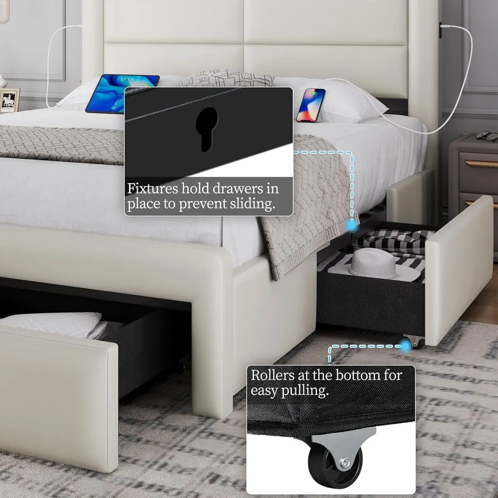 Bedframe met 2 USB-laadstation/poorten voor Type A en Type C/3 opbergladen, met leer bekleed platformbed