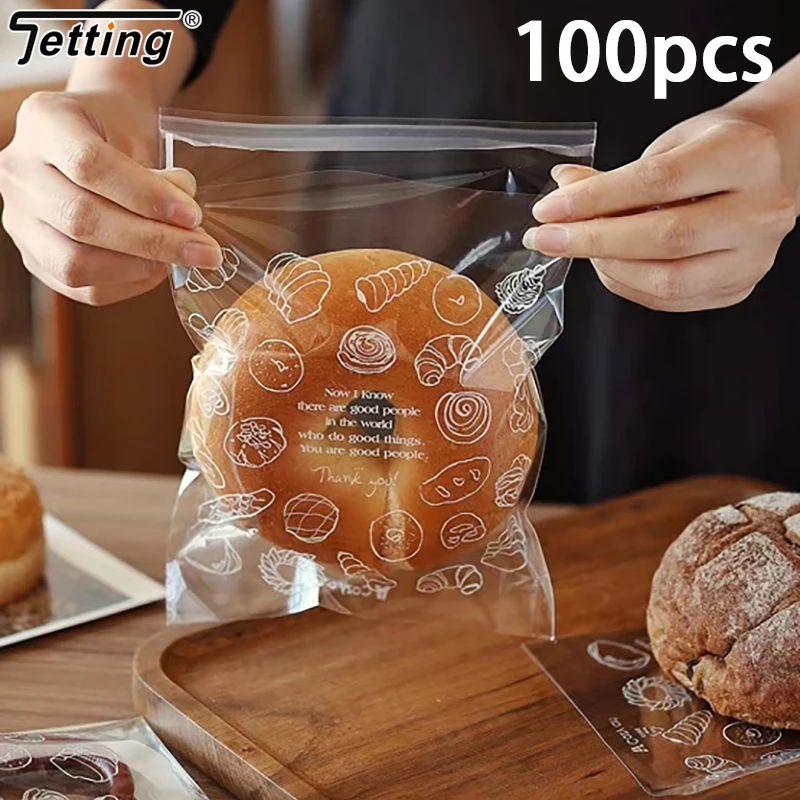 100 Pcs/lot Transparent Printed Pastry Bread Self-adhesive Bag Candy Bread Gift Packaged Self-sealing Bags For Party Birthday