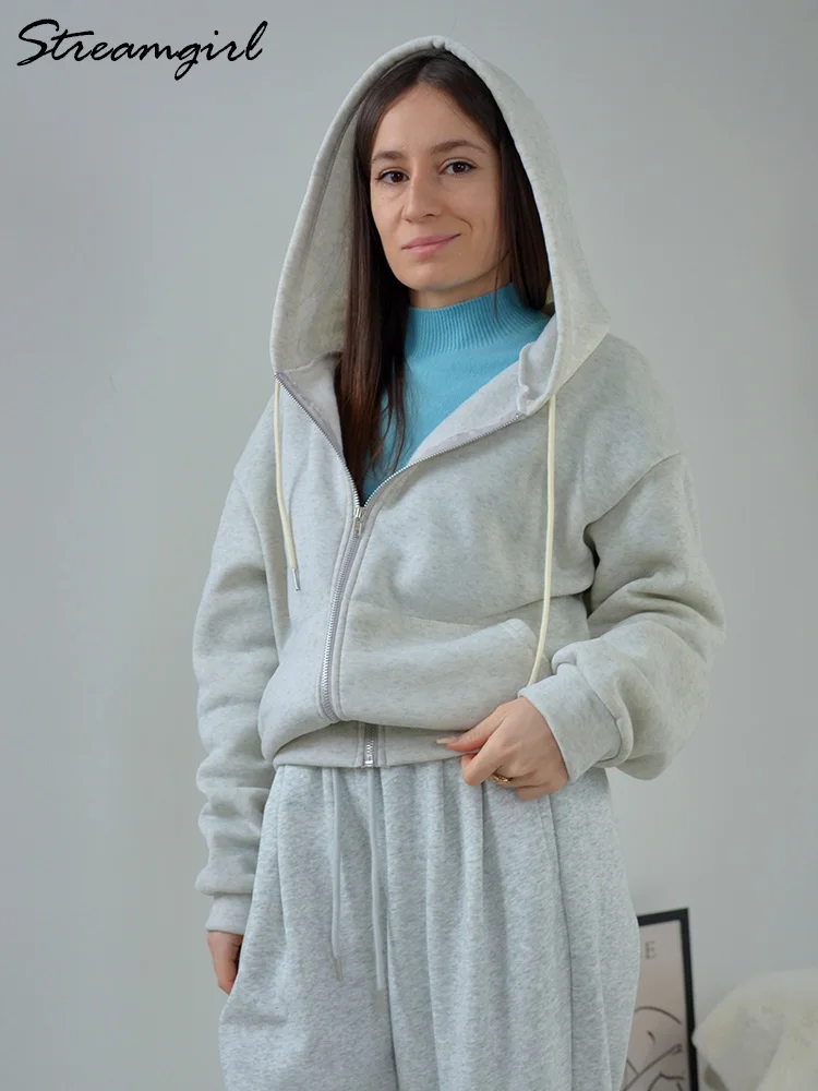 Streamgirl Short Hoodies Women Zipper Oversized Jackets 2024 Spring Gray Sweatshirts With Hood Cotton Women Korean Hoodies Tops