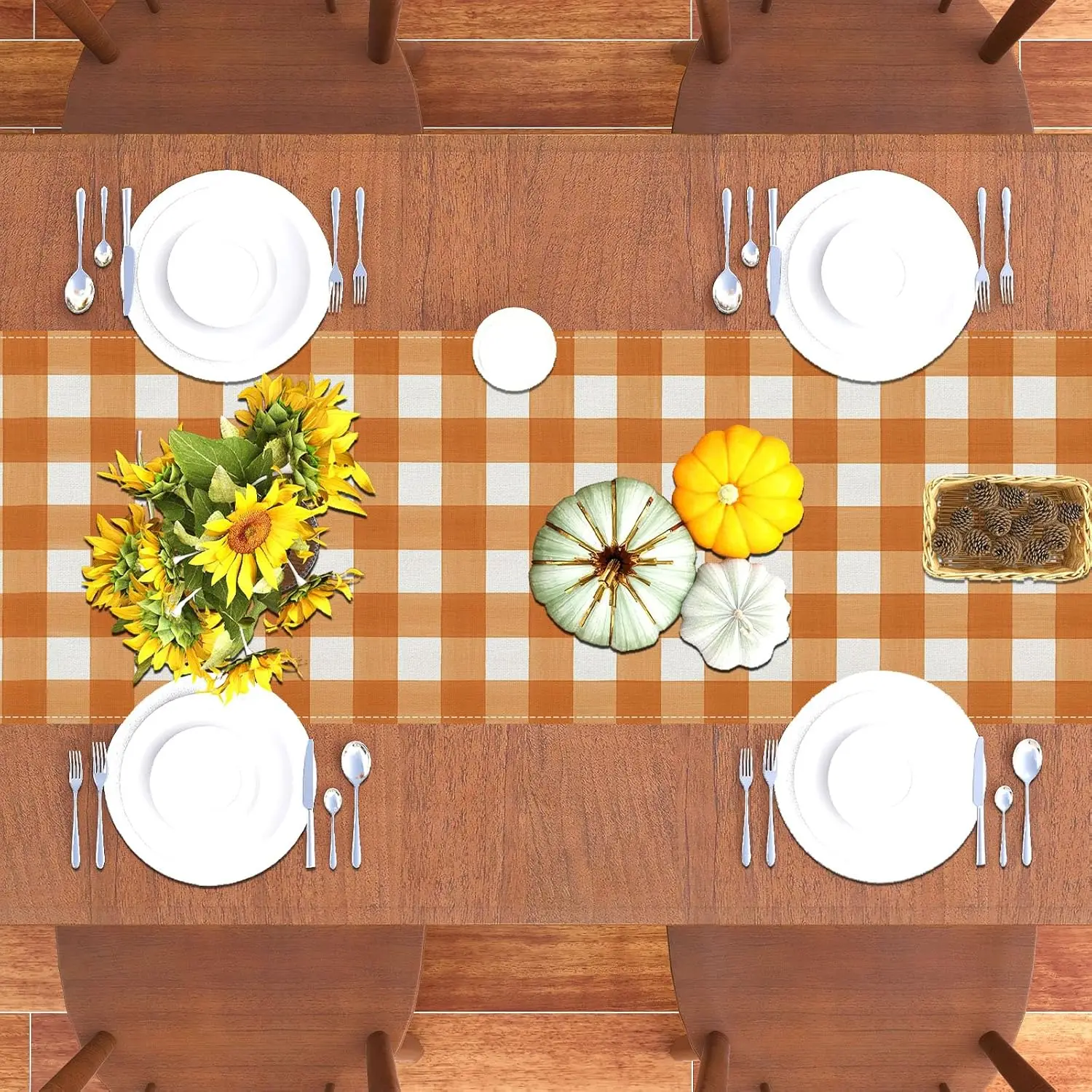 Fall Orange White Buffalo Check Plaid Linen Table Runner Party Decor Autumn Harvest Kitchen Table Runner Thanksgiving Decoration