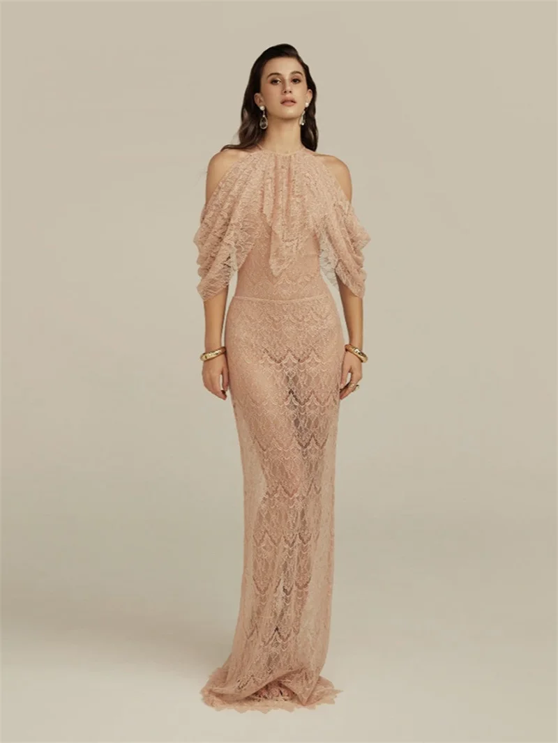 Nude Pink Lace Party Gown Sexy Halter Short Sleeves Ruffle Sheer Mesh Prom Dress Mermaid Long Formal Wedding Evening Robe