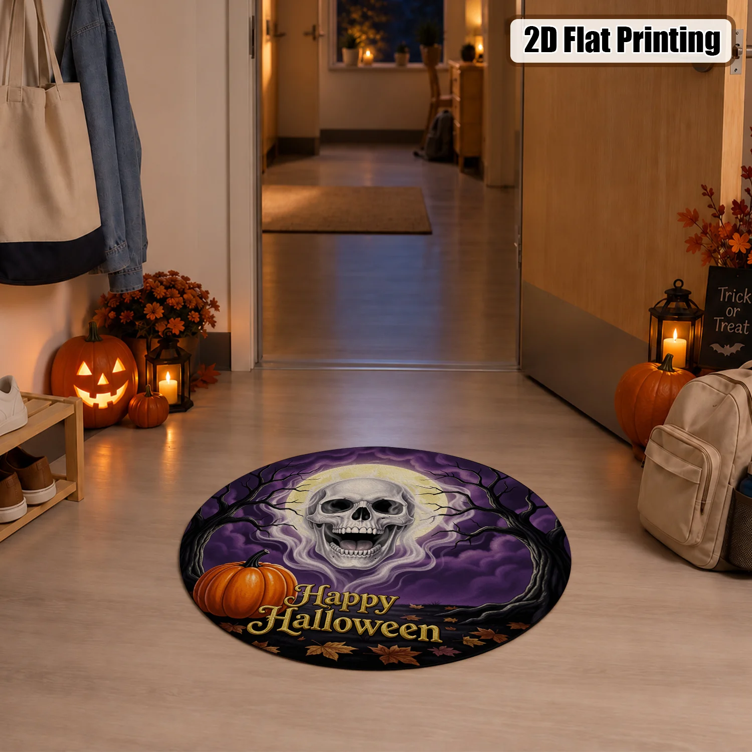 Spooky Skull Pumpkin Halloween Pattern Round Velvet Decor Mat, Machine Washable Soft Durable Accent Rug for Entryway, Living Room, Porch, Patio, Ideal for Halloween, Thanksgiving, Black Friday, Christmas, New Year Holiday Decor