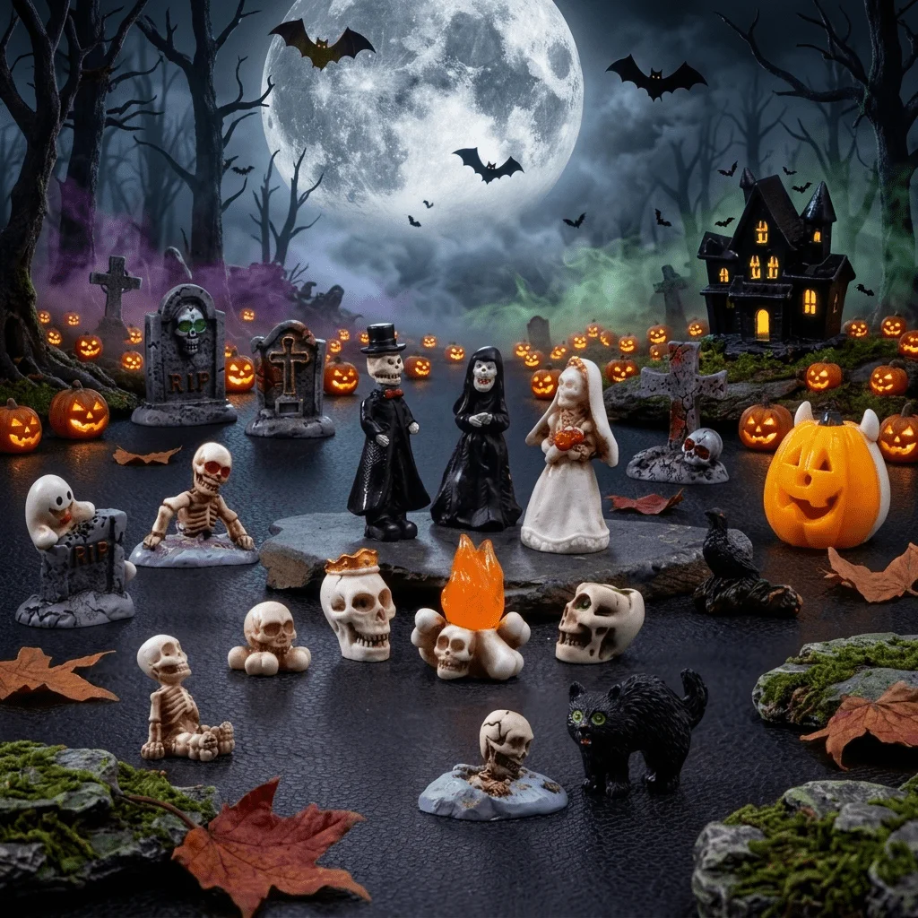 28pcs Halloween Mini Figurines Creative Miniature Skull Heads Tombstone Scene Ornaments Set Resin Crafts for Party Favors Decor