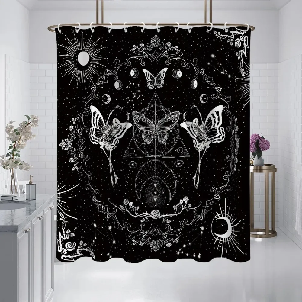 

1PC skull and butterfly, Gothic style shower curtain, waterproof, washable, with 12 hooks, bathroom shower, bathtub, home use