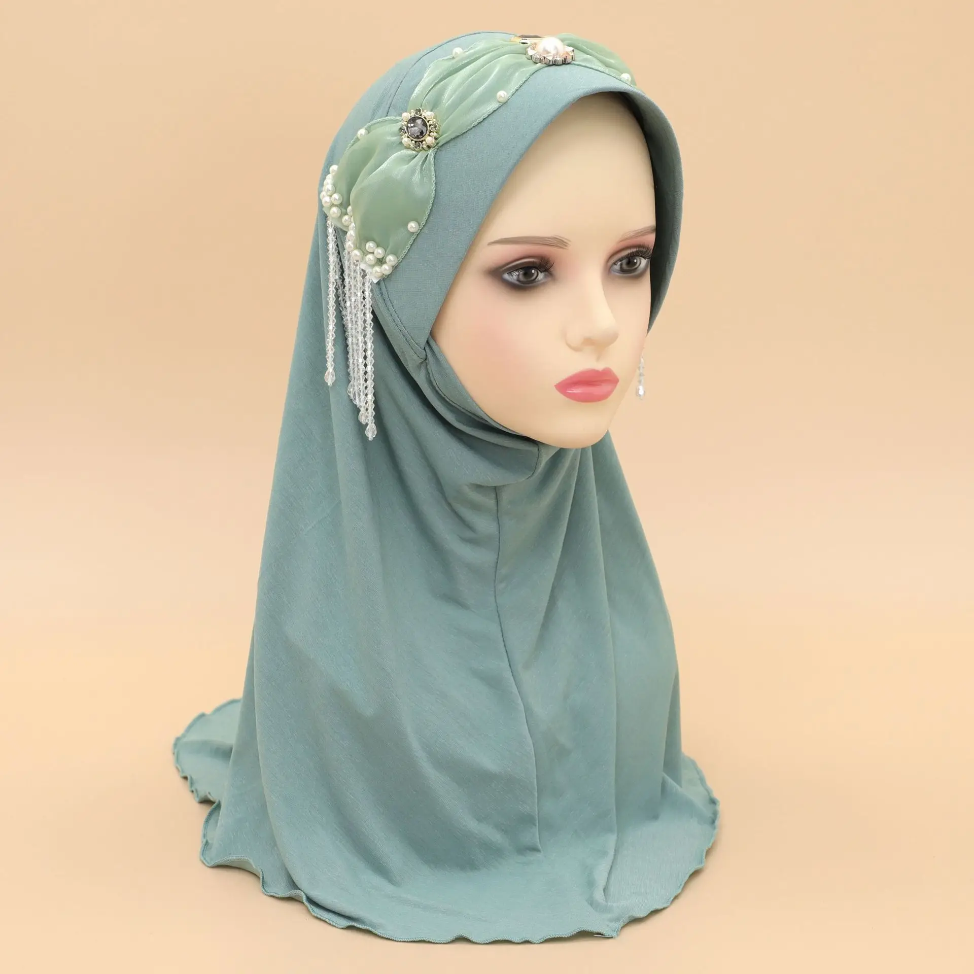 Foulard Instantané de Haute Qualité pour Femme Musulmane, Hijab Amira, Perles de Diamants, Pompon, Châle Rond, Prière de Mariage, Écharpe de Sauna