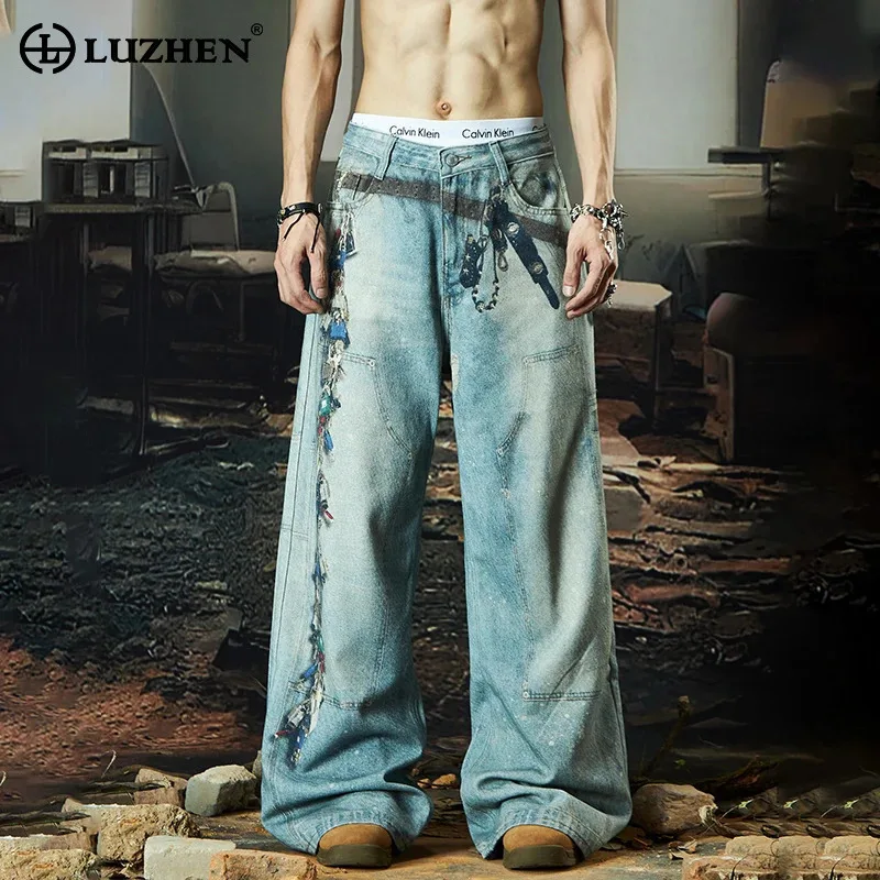 

LUZHEN Metal Chain Decorate Original Streetwear Loose Straight Jeans Men's 2025 New Trendy Vintage Wide Leg Denim Pants JY2212