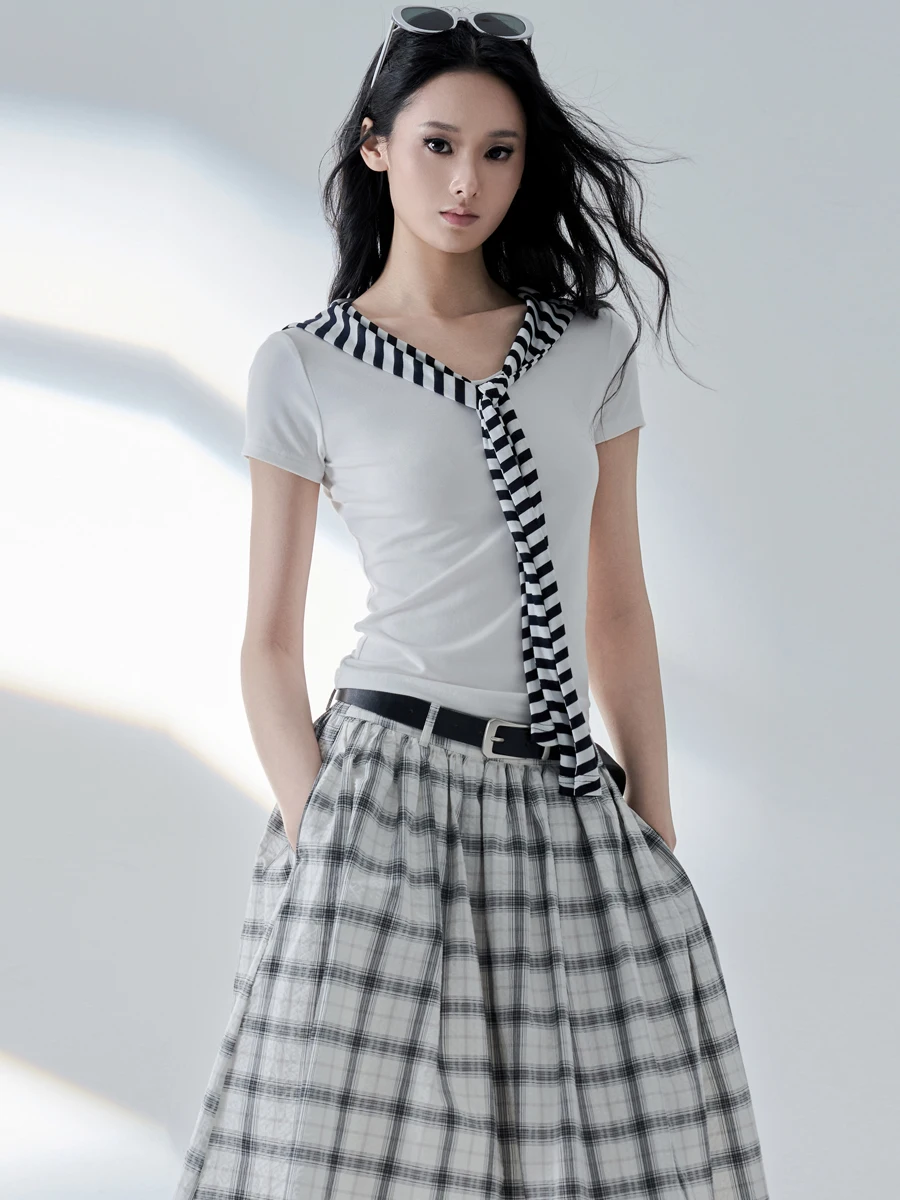 

Tu Why Sea Salt Monsoon False Two-Piece oulder Stripe Top Asymmetric Korean Sle Slim Fit T-irt for Ladies Summer Wear