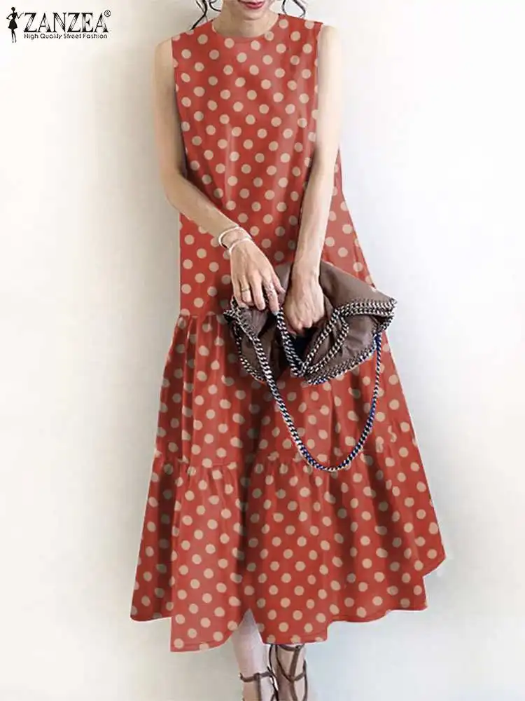 

2024 ZANZEA Summer Bohemian Polka Dot Printed Sundress Women Vintage Sleeveless Holiday Party Midi Dress Fashion Ruffles Vestido