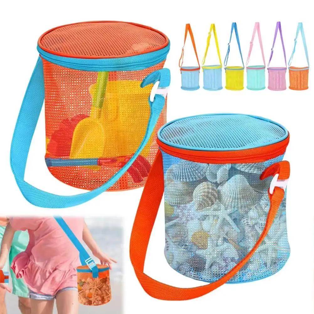 Mesh Shell Collection Bag for Kids, Round Sand Bucket Beach Toy with Storage, Foldable Sand Toy Bag for Shells and Beach Toys