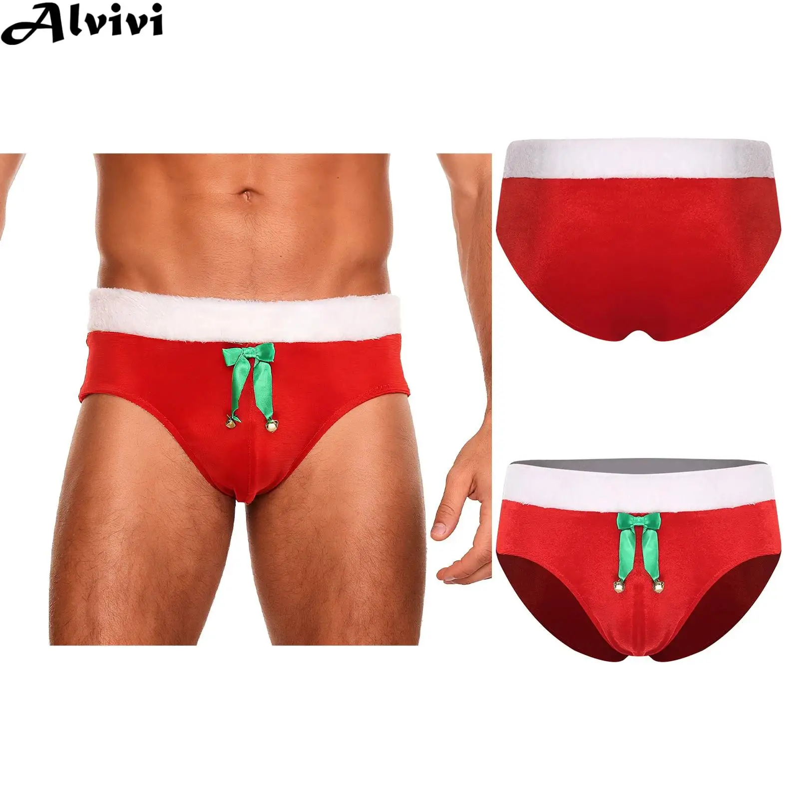 Men Christmas Velvet Plush Waistband Bulge Pouch Briefs Underpants Underwear Xmas New Year Party Santa Claus Dress-up Costume