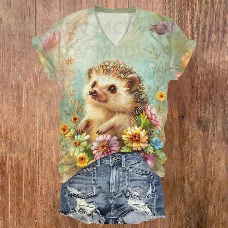 Cute Hedgehog Chrysanthemum Art Print Casual V-neck T-shirt 3D Printed Summer Women's T Shirts