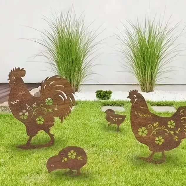 4Pcs Rusty Chicken Yard Stakes, Rustic Style Outdoor Decoration for Yard and Garden, Vintage Chicken Silhouettes, Home Decor, Garden Decoration Stakes