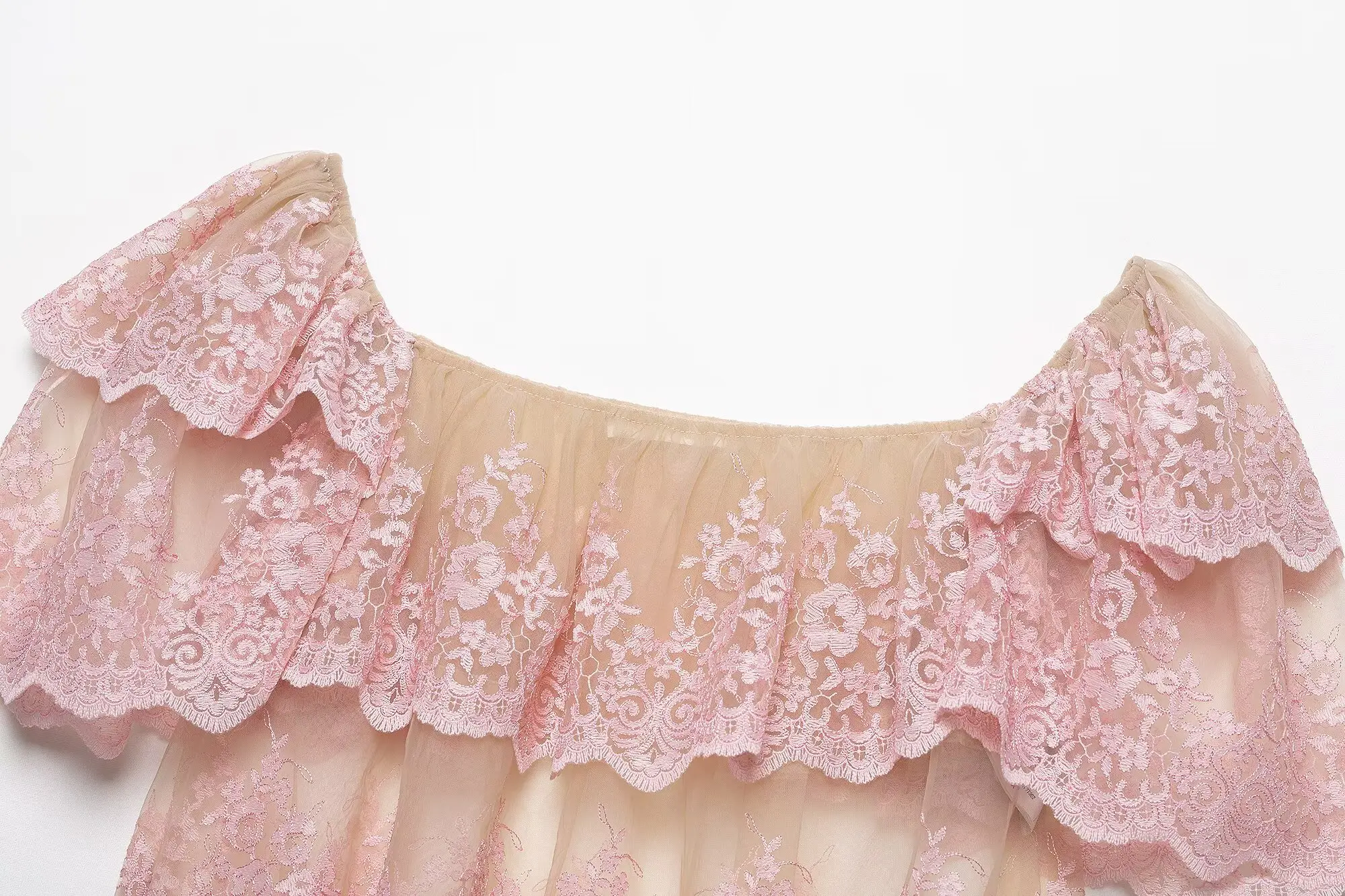 RARA Womens Layered Decor Embroidered Off The Shoulder Top Stylish Ruffled Lace Sleeve Design Ladies Fashion