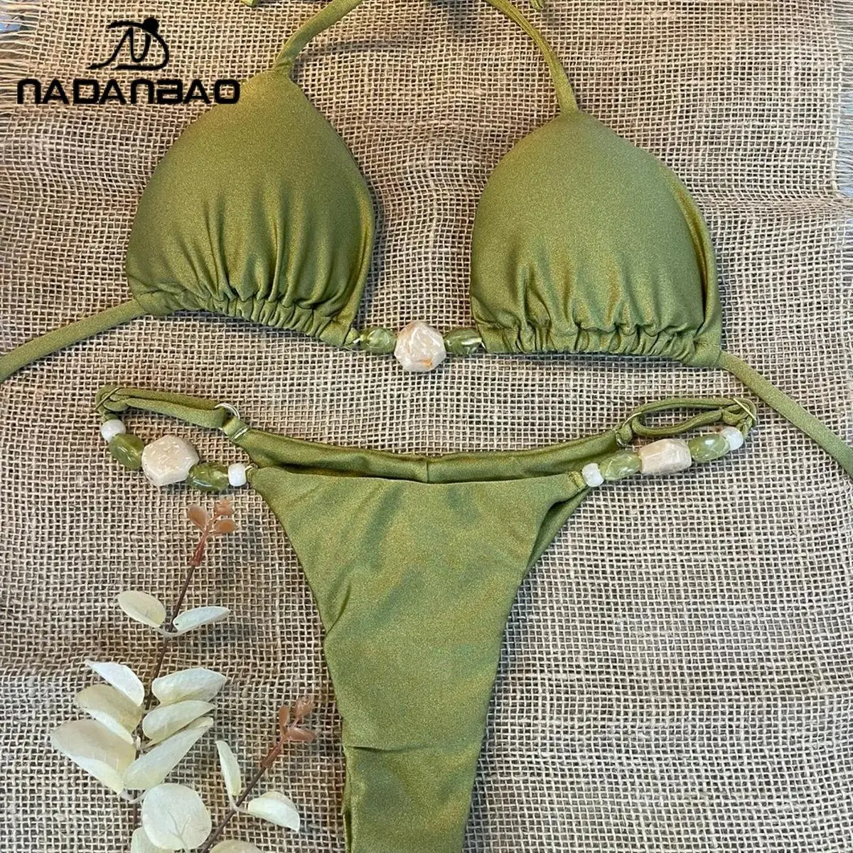 

Nadanbao Sexy Halterneck Triangle Bikini for Women Green Brown Beach Split Swimsuit Three-Point Drawstring Swimwear Seaside Wear