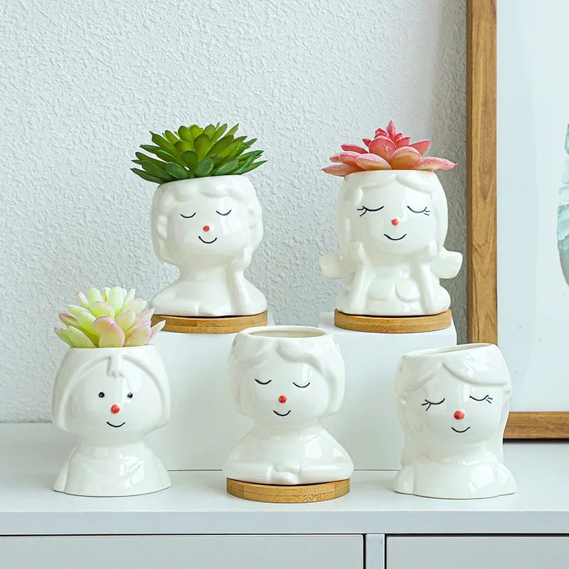 Modern Humanoid Ceramics Flower Pot Portrait Head Vase Balcony Succulents Plants Bonsai Pot Crafts Garden Decoration Accessories