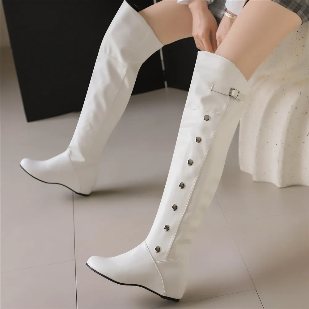 Women Boots 2024 Winter New Fashion Casual Over-the-high Boots Round Toe Buckle Plus Size 34-43Lady Shoes Rivet Metal Decoration