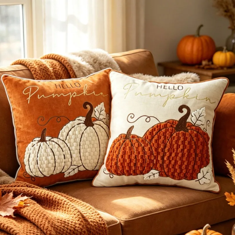 Autumn Pumpkin Embroidery Pillow Cover Vintage 3D Cushion Cover Thanksgiving Home Festive Atmosphere Decor Throw Pillowcase