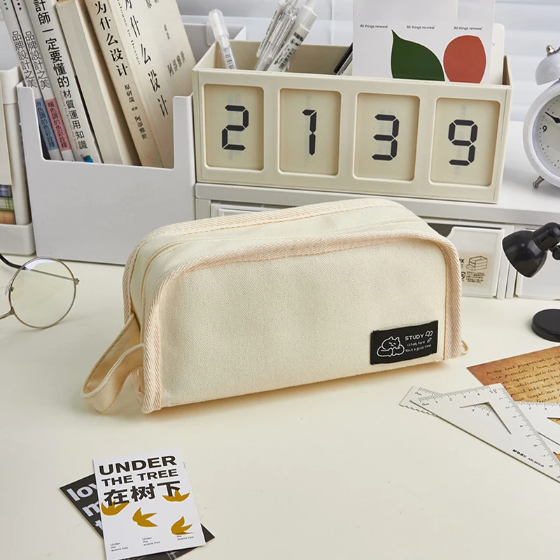 Black Canvas Pencil Bag High Capacity Stationery Storage Bag Simplicity Pencil Case Solid Color White School Student Supply