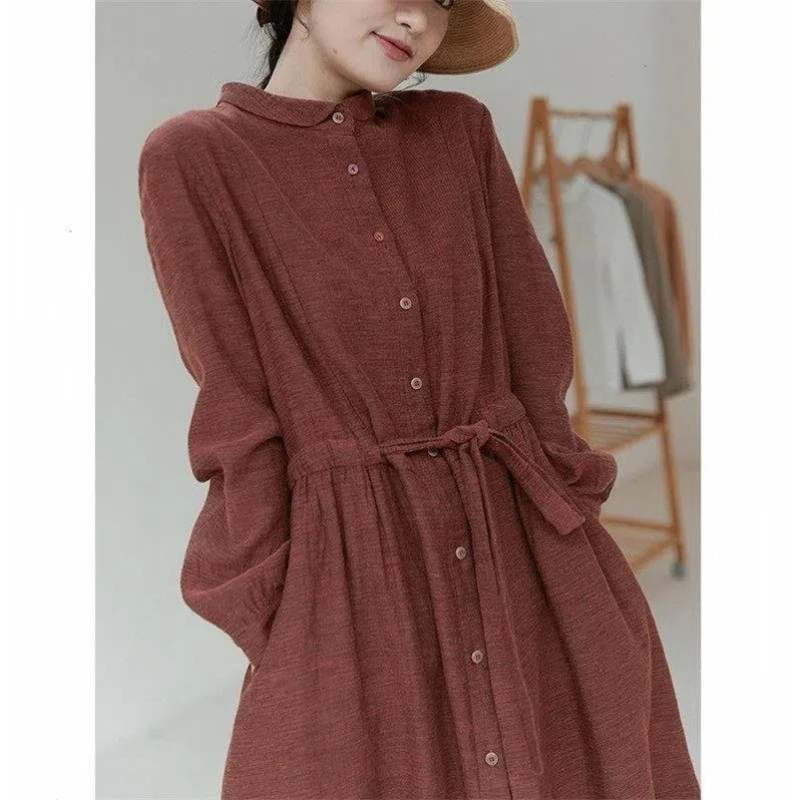 

Женские весенне-осенние ретро-платья с длинными рукавами и пуговицами на шнурке, модные однотонные минималистичные повседневные тонкие платья