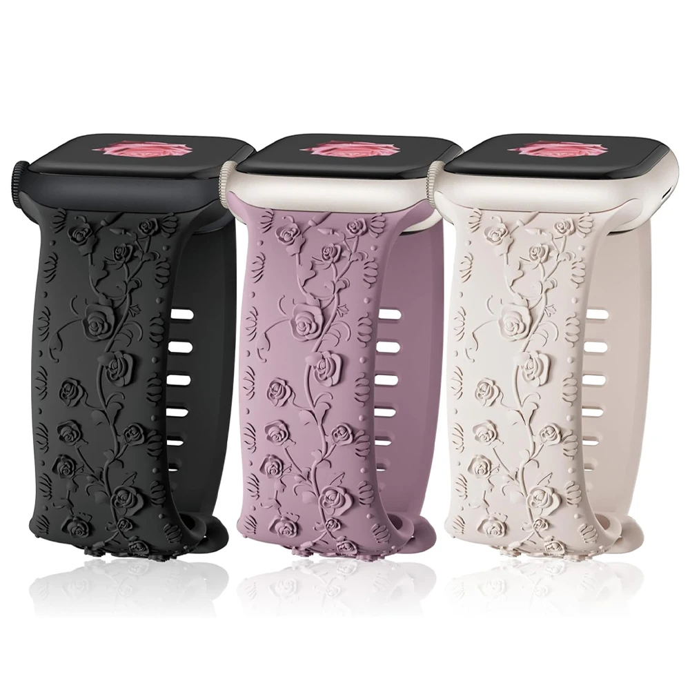 حزام منقوش لساعة أبل 44 42 45 46 41 40 49 مللي متر سوار سيليكون زهري كوريا iWatch Series 10 8 7 6 9 5 SE Ultra2