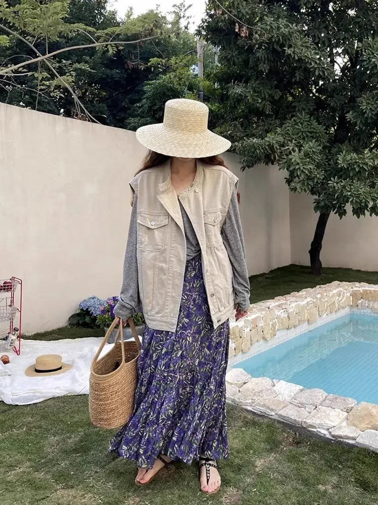 Femmes jupe violet en mousseline de soie florale jupes mi-longues 2025 été nouveau tempérament rétro maigre plissé mode coréenne vêtements