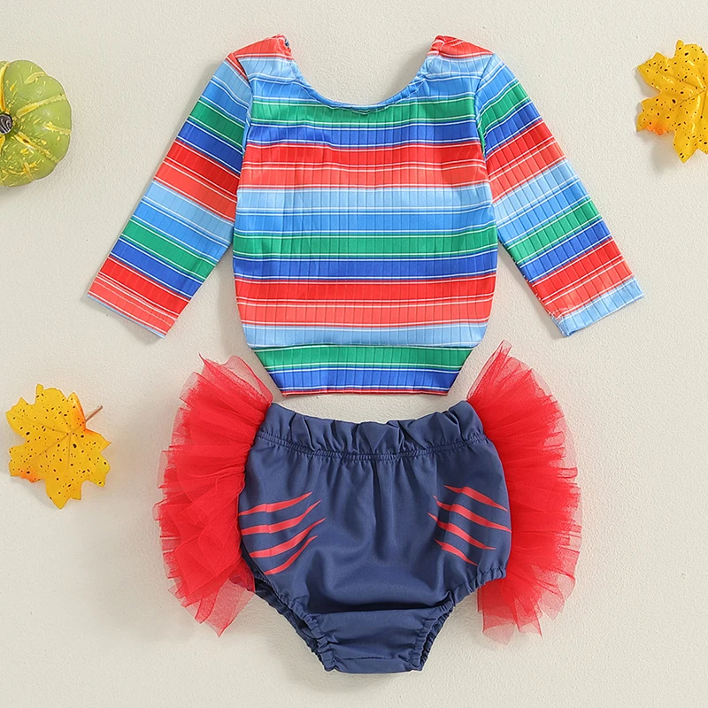 

2024-06-29 Lioraitiin 3M-3Y Toddler Girls Halloween 2PCS Outfits Long Sleeve Bow Decor Striped Tops PP Shorts Sets