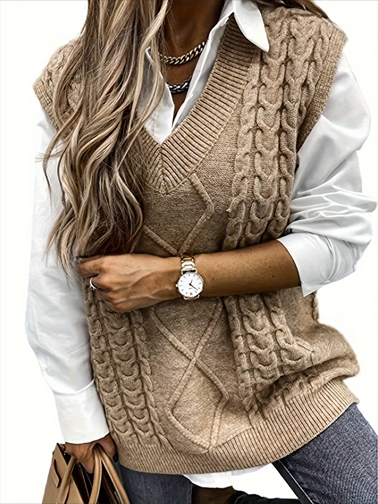 Plus Size Preppy Sweater Vest, Women\'s Plus Solid Argyle Knit V Neck Slight Stretch Vest