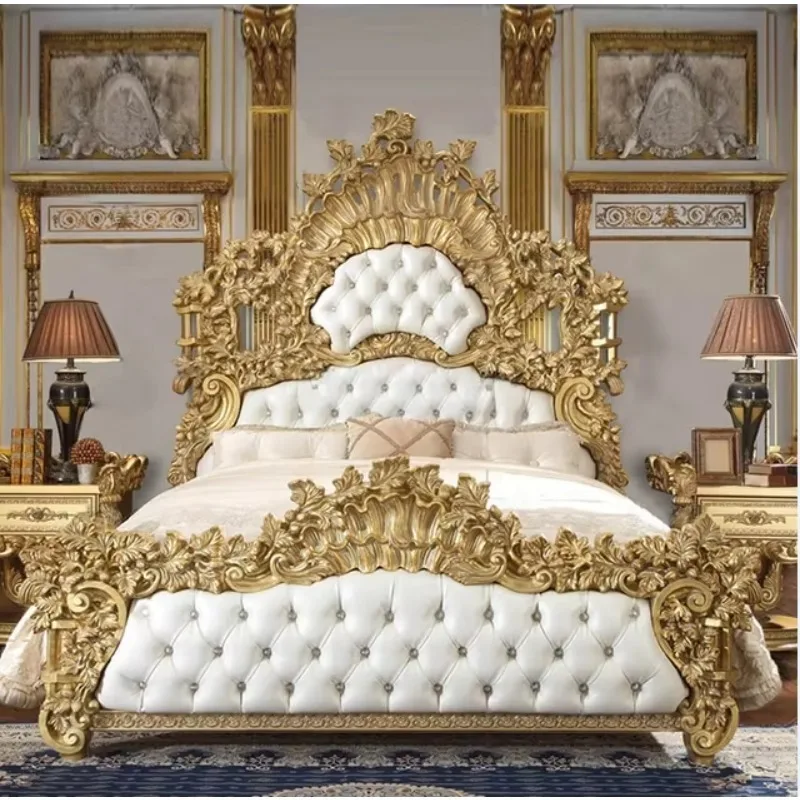 Antique Royal European Style High Back King Size Bed Classic Baroque Style Full Solid Wood Hand Made Bedroom Set