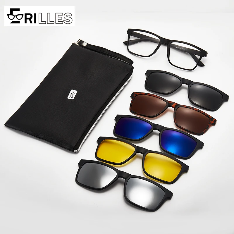 6 In 1 Men Women Polarized Optical Magnetic Sunglasses Clip Magnet Clip on Sunglasses Polaroid Clip on Sun Glasses Frame And Bag