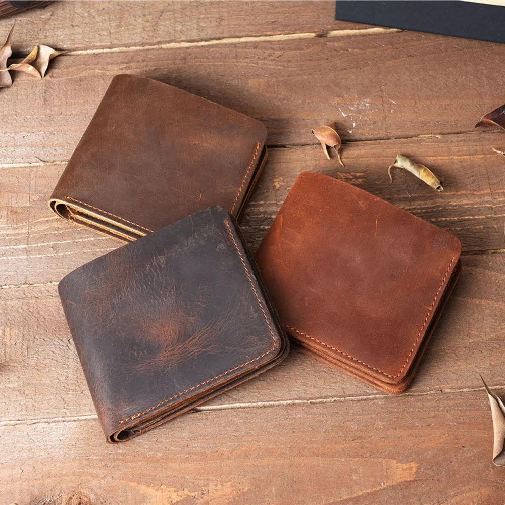 Men Vintage Fashion Genuine Leather Wallet Triple Fold Head Layer Pickup Bag with Coin Pocket Brown Business Purse Short Wallet
