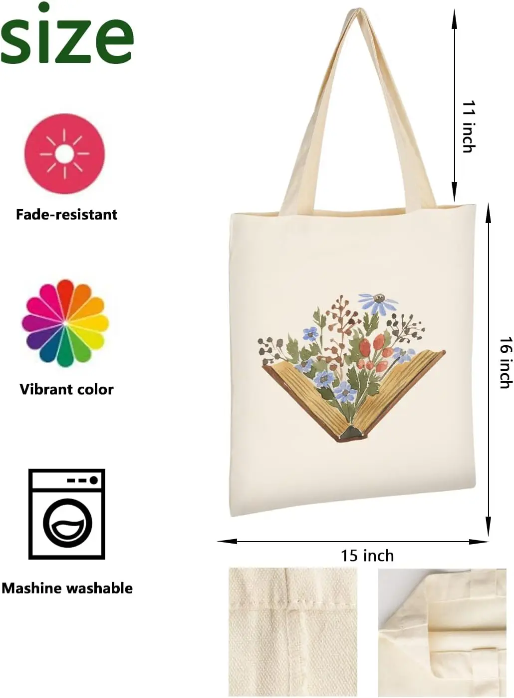 Vintage Book & Floral Tote Bag, Watercolor Wildflower Design, Casual Reusable Grocery Handbag