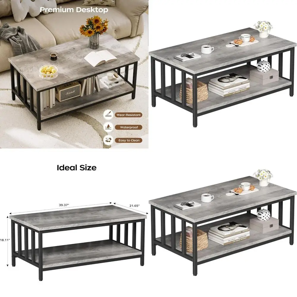 

Modern Farmhouse Coffee Table with Slatted Sides, 2-Tier Storage, 39 Grey Wash for Living Room and Home Office