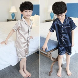 Boys Pijamas Children 2 to 14Years Pajamas Satin Silk Summer Loungewear Toddler Girls Teens Cothing Kids Short Sleeve Pyjama Set