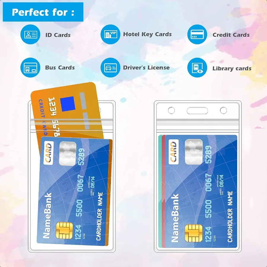 100 szt. Pionowych identyfikatorów z przezroczystego plastiku z wodoodpornym, zamykanym zamkiem błyskawicznym do identyfikacji.