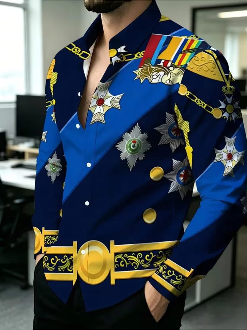 New navy blue satin gold diamond ethnic pattern shirt, light luxury men's slim fit long sleeved shirt clothing