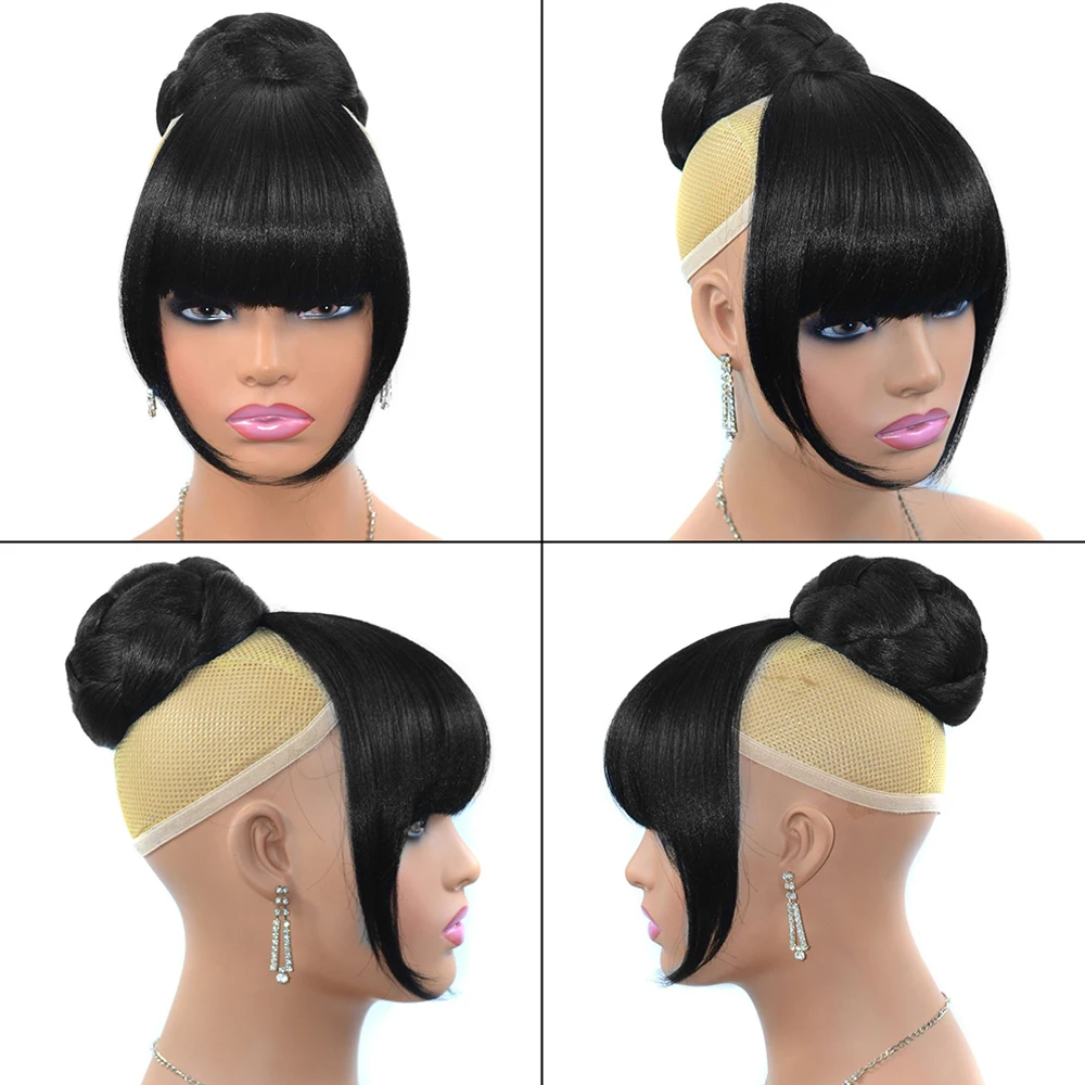 Elegant Black Apple Hair Bun with Bangs for Women - Synthetic, Includes Stylish Hairpiece + Bangs