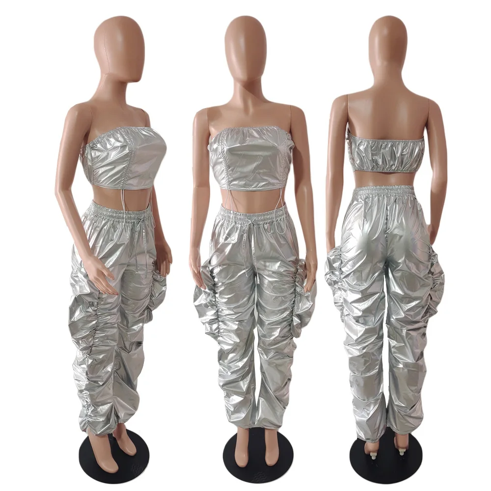 Fashion Patent Leather Suit For Women Ins Stamping New Character Street Hip-hop Nightclub 2piece Set Party Club Costumes Y2k