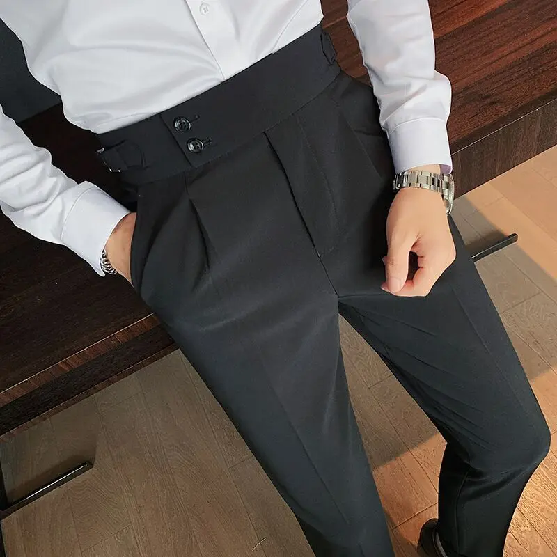 2023 New Spring and Autumn Luxury Men's Business Casual Drop Straight Sleeve High Rise Pocket Solid Color Nine Split Suit Pants