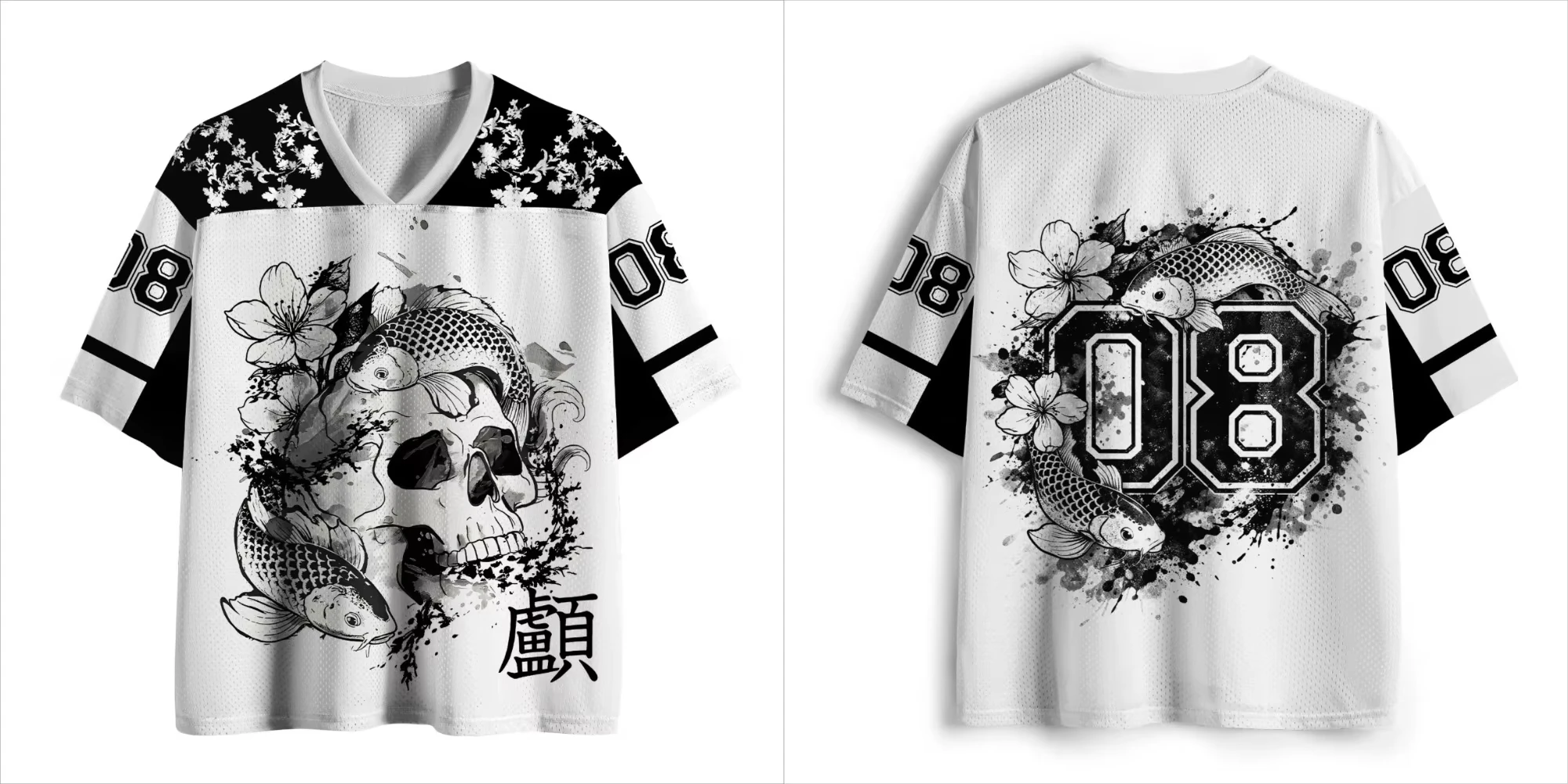 Japanese Ink Koi Fish Number 21 Graphic Mesh Jersey V Neck Short Sleeve Loose Unisex Streetwear Sports Tee For Men Women