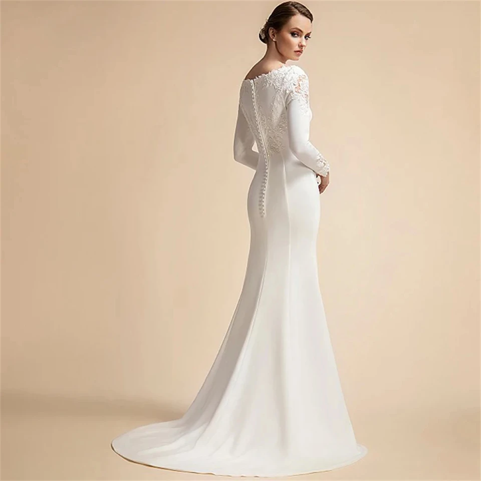 Simple Muslim Satin Appliques Lace Full Sleeves A-line Button Wedding Dresses 2024 Sweep Train Bridal Gowns Vestido De Noiva