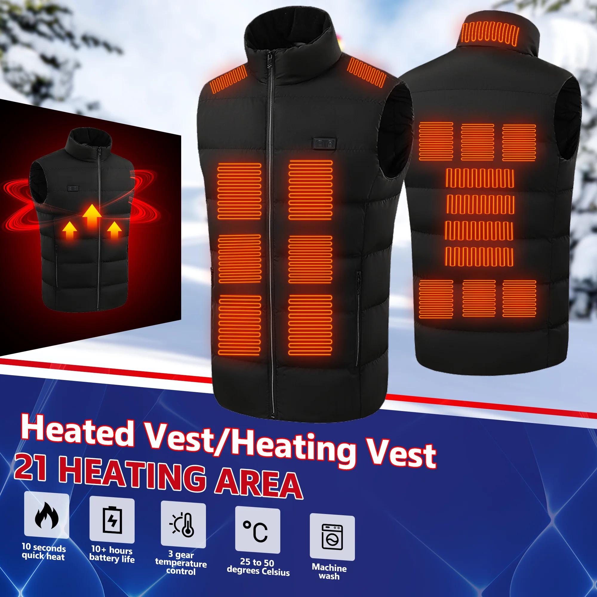 Electric Heated Vest 21 Heating Areas Intelligent Heating Jackets Windproof Washable USB Charging for Winter Hiking Sports