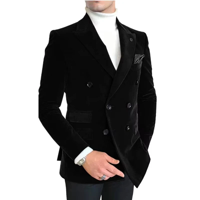 Slim Fit Velvet Suits for Men 2024 Peak Lapel Double Breasted Blazer Customized Wedding Party Formal Occasion Groom Plus Size