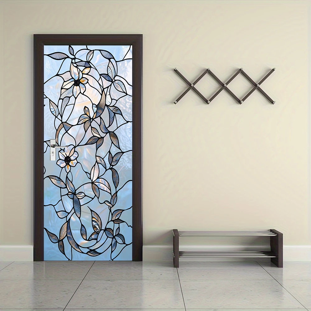 1pcs Self-Adhesive Removable Vinyl Door Stickers Colorful Glass Door Stickers with European Retro Floral Translucent Decorative
