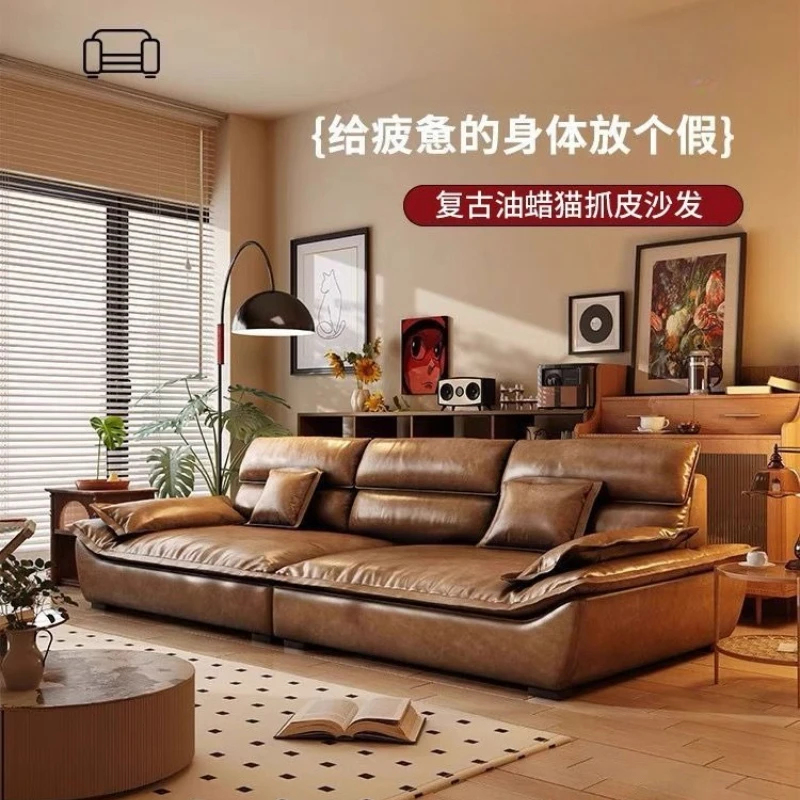 Retro cat scratching oil wax leather sofa living room high-end sofa medium antique style