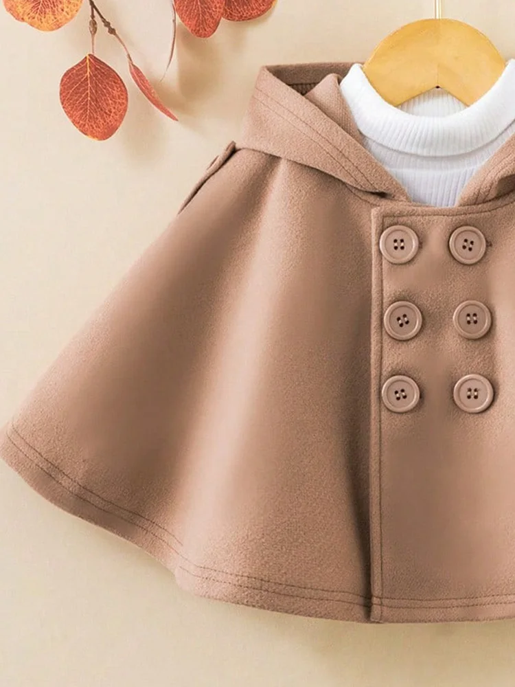 Winter Fashion Girls Cloak Coat Button Hooded Coat Cute Solid Baby Girls Cape Cloaks Warm Outerwear Children\'s Casual Clothing