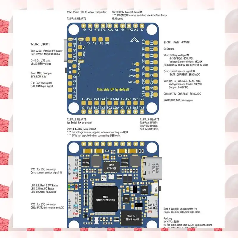 

Контроллер полета ABGN H7A3-SLIM STM32H7A3RIT6 Встроенный Baro OSD Blackbox 2-8S Lipo для дрона X8 RC FPV Racing Drone