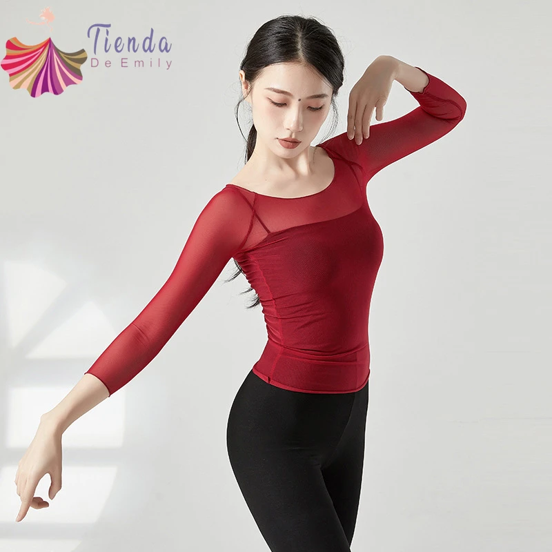 Classical Dance Top Women Stretch Gauze Mesh See Through Shirt Sheer Blouse Yoga Latin Practice Clothes Modern Dancewear Top New