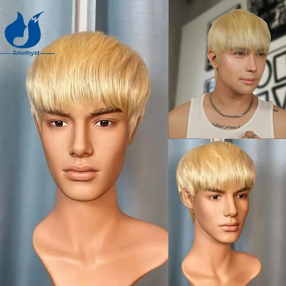 

Amethyst Blonde 613 Straight Short Pixie Cut Wig with Bangs Shaved Sides And Sideburns Full Lace Wig for Men Remy Brazilian Hair