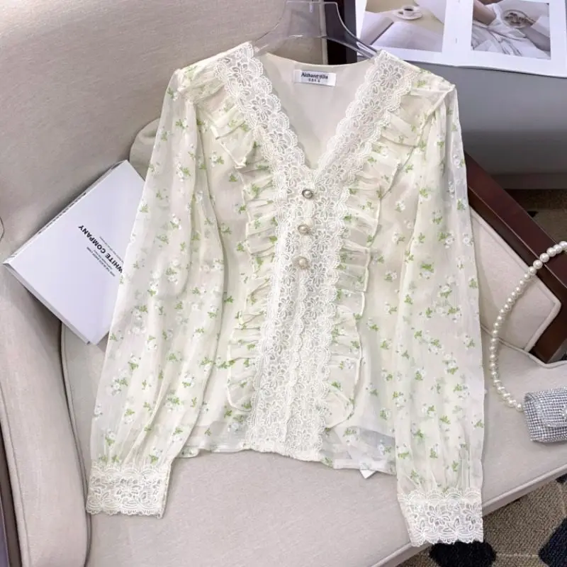 

Женская блузка с v-образным вырезом и цветочным принтом, свежий зеленый шифоновый топ с длинными рукавами и кружевной отделкой, весенне-осенняя элегантная рубашка для похудения