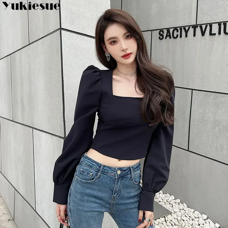 Vintage Spring Clothes Design Popular Streetwear Ins T-shirts Women Square Collar Slim Harajuku Puff Sleeve French Style Ladies